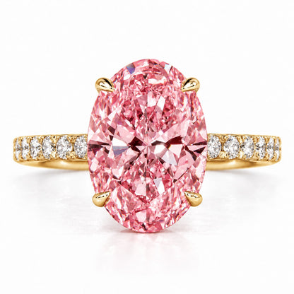 Pink Oval Cut Lab Grown Diamond Engagement Ring - Pave Band in yellow gold, front view