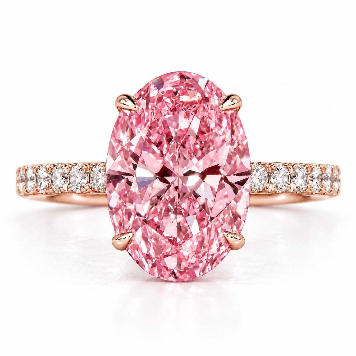 Pink Oval Cut Lab Grown Diamond Engagement Ring - Pave Band in rose gold, front view