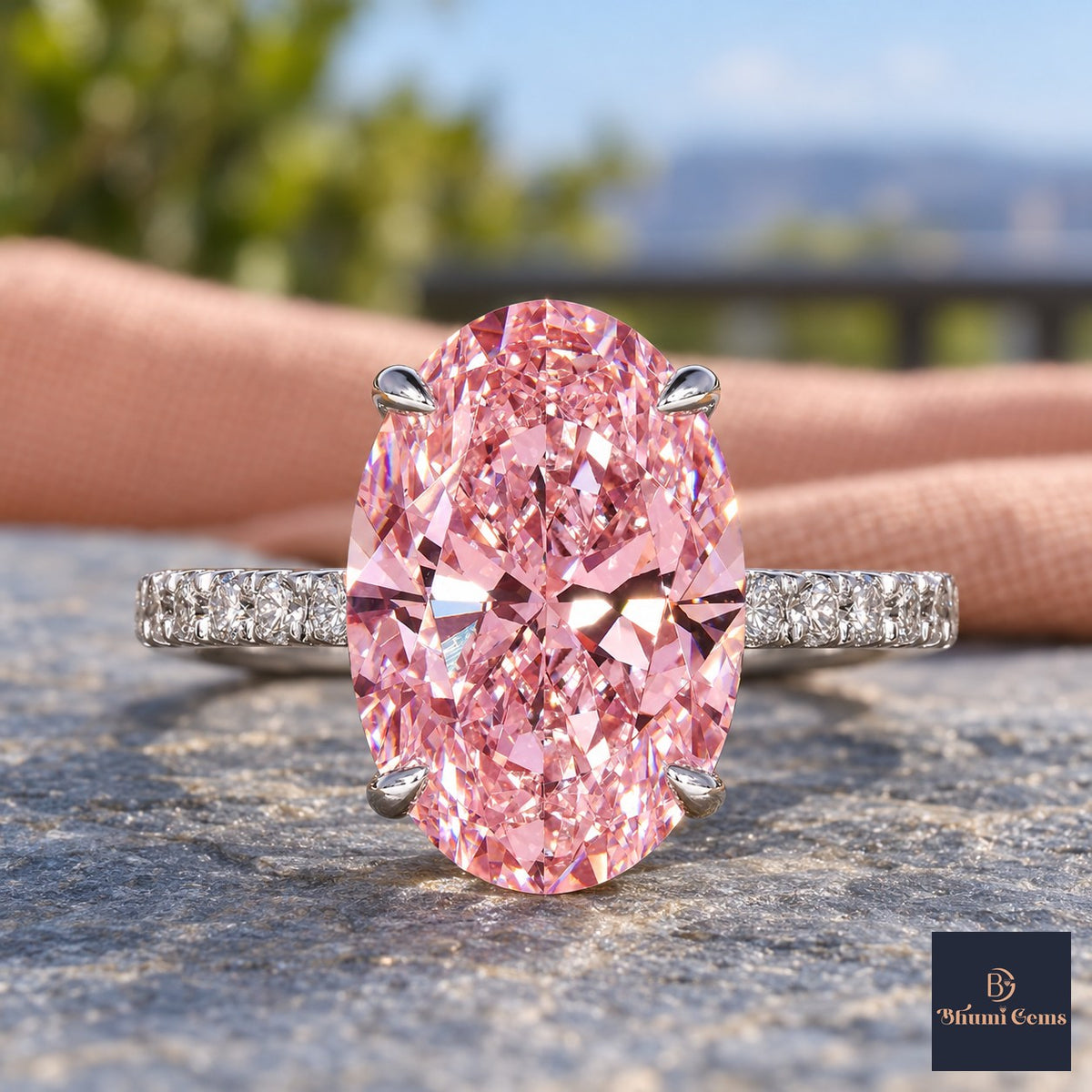 Pink Oval Cut Lab Grown Diamond Engagement Ring - Pave Band in white gold, close-up