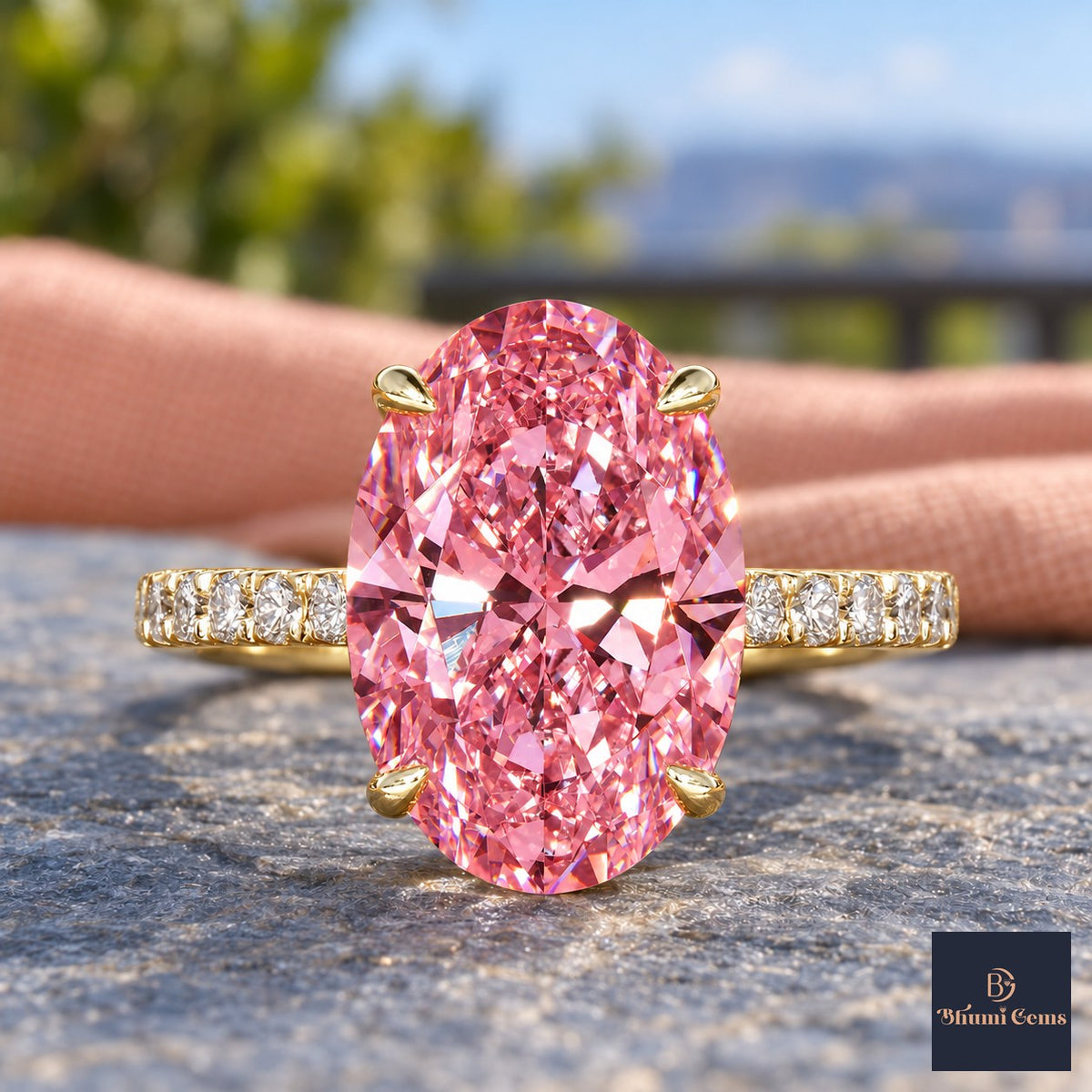 Pink Oval Cut Lab Grown Diamond Engagement Ring - Pave Band in yellow gold, close-up