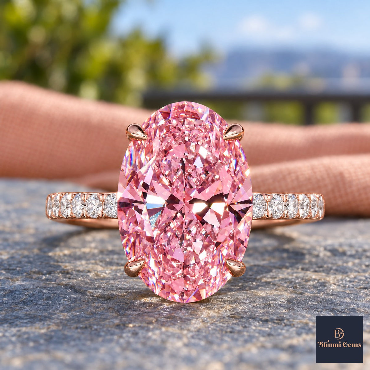 Pink Oval Cut Lab Grown Diamond Engagement Ring - Pave Band in rose gold, close-up