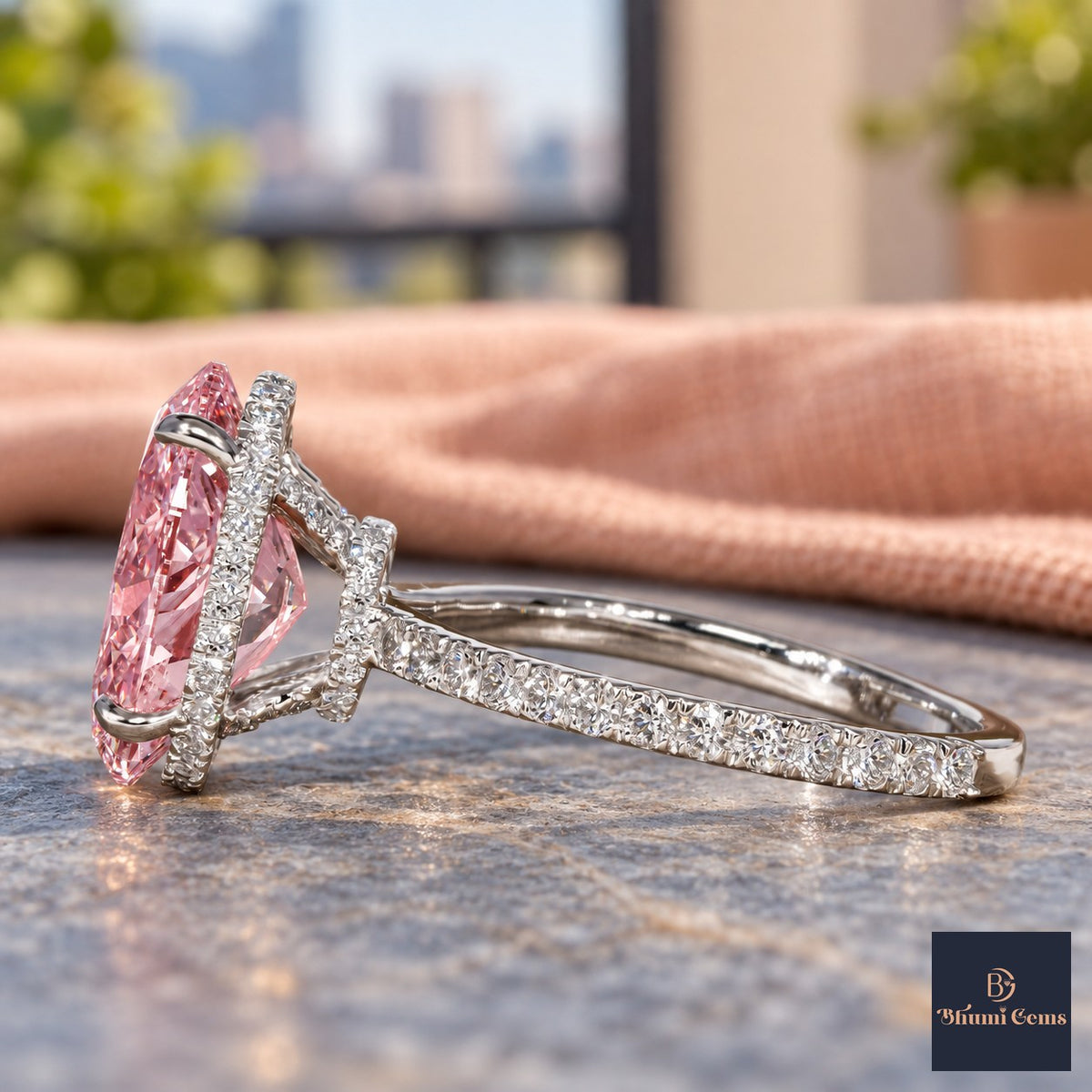 Pink Oval Cut Lab Grown Diamond Engagement Ring - Pave Band in white gold, side view