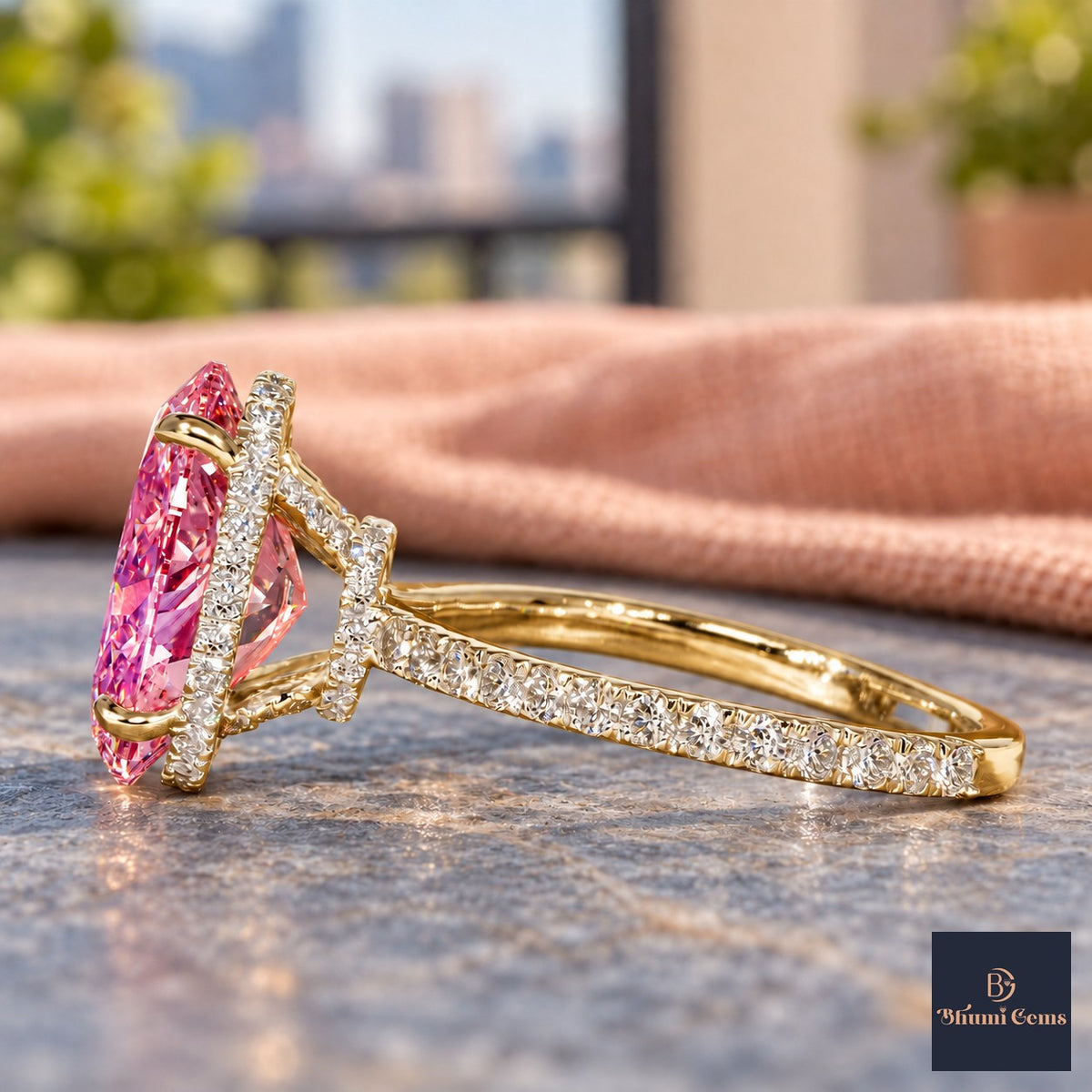 Pink Oval Cut Lab Grown Diamond Engagement Ring - Pave Band in yellow gold, side view