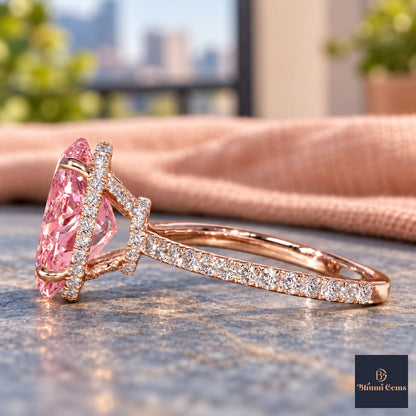 Pink Oval Cut Lab Grown Diamond Engagement Ring - Pave Band in rose gold, side view