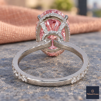 Pink Oval Cut Lab Grown Diamond Engagement Ring - Pave Band in white gold, gallery view