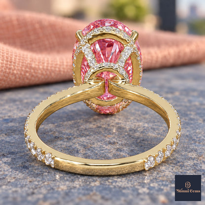 Pink Oval Cut Lab Grown Diamond Engagement Ring - Pave Band in yellow gold, gallery view