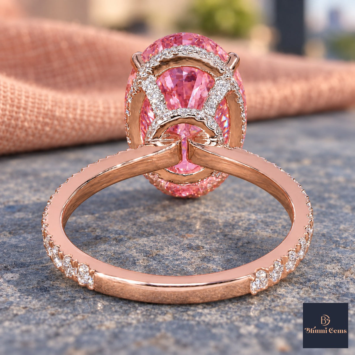 Pink Oval Cut Lab Grown Diamond Engagement Ring - Pave Band in rose gold, gallery view