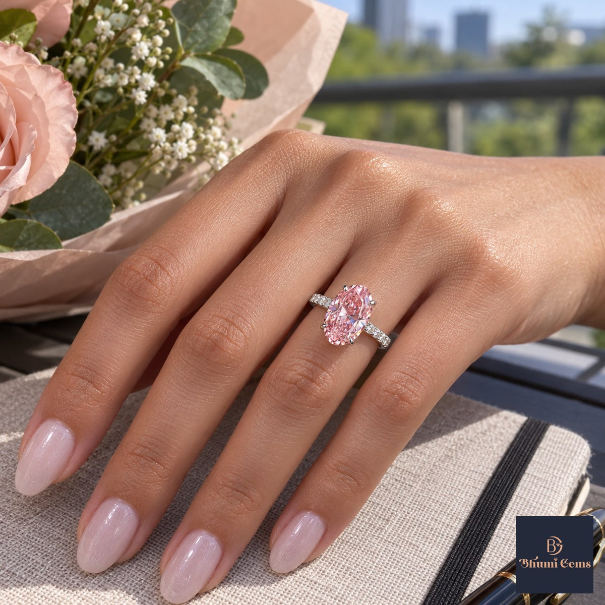 Pink Oval Cut Lab Grown Diamond Engagement Ring - Pave Band in white gold, worn on the hand