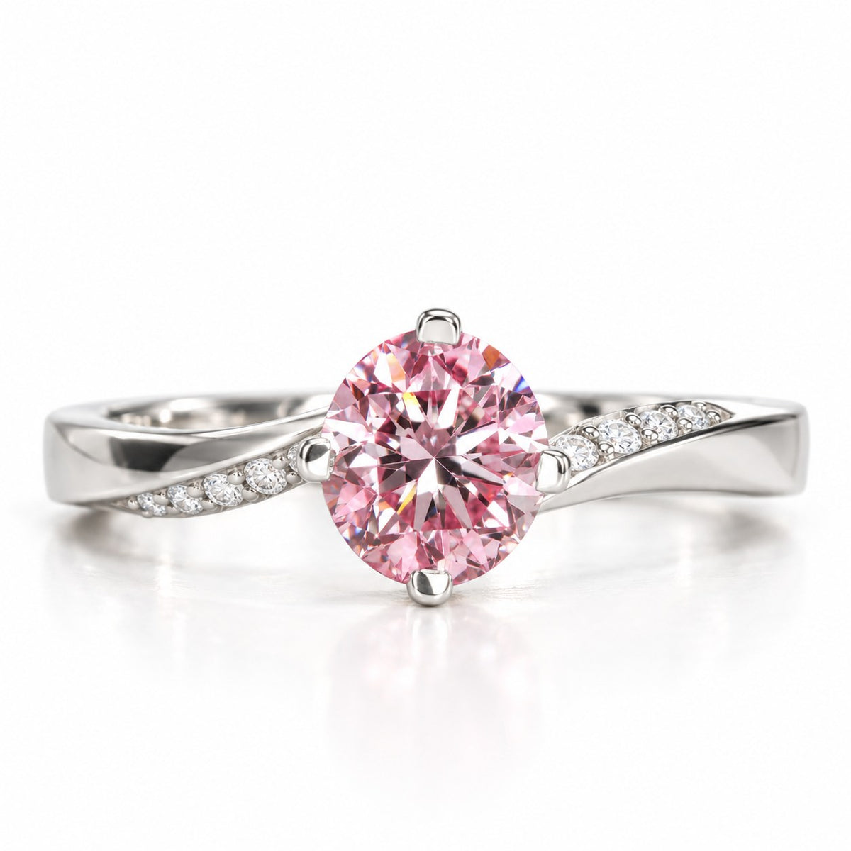 Pink Oval Cut Lab Grown Diamond Engagement Ring - Pave Twist Bypass in white gold, front view