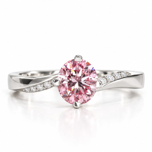 Pink Oval Cut Lab Grown Diamond Engagement Ring - Pave Twist Bypass in white gold, front view
