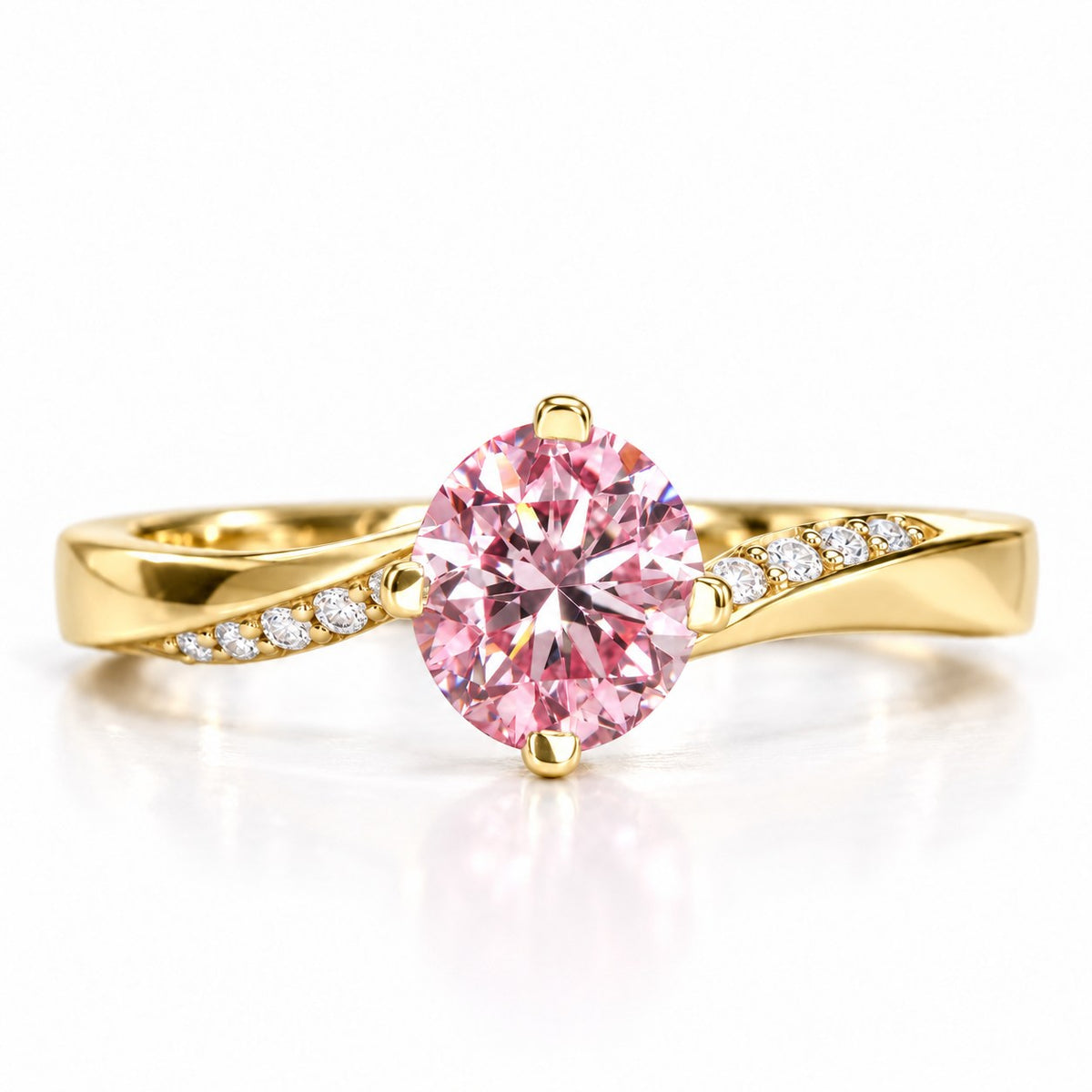 Pink Oval Cut Lab Grown Diamond Engagement Ring - Pave Twist Bypass in yellow gold, front view