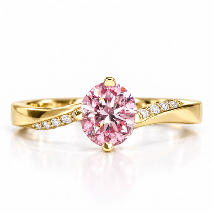 Pink Oval Cut Lab Grown Diamond Engagement Ring - Pave Twist Bypass in yellow gold, front view