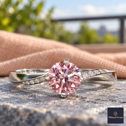 Pink Oval Cut Lab Grown Diamond Engagement Ring - Pave Twist Bypass in white gold, close-up