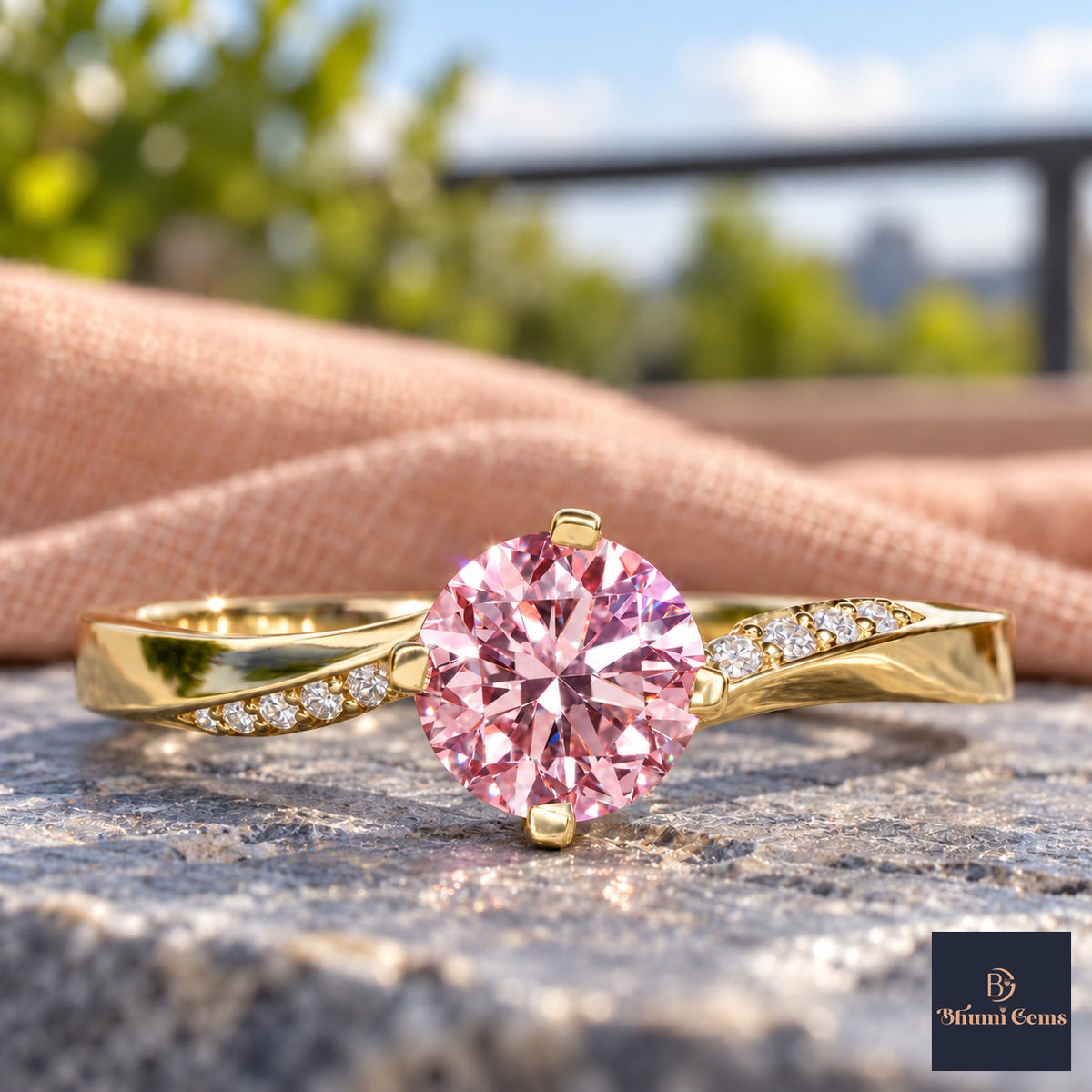 Pink Oval Cut Lab Grown Diamond Engagement Ring - Pave Twist Bypass in yellow gold, close-up