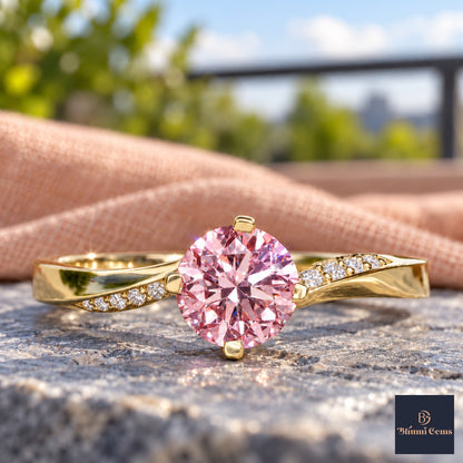 Pink Oval Cut Lab Grown Diamond Engagement Ring - Pave Twist Bypass in yellow gold, close-up