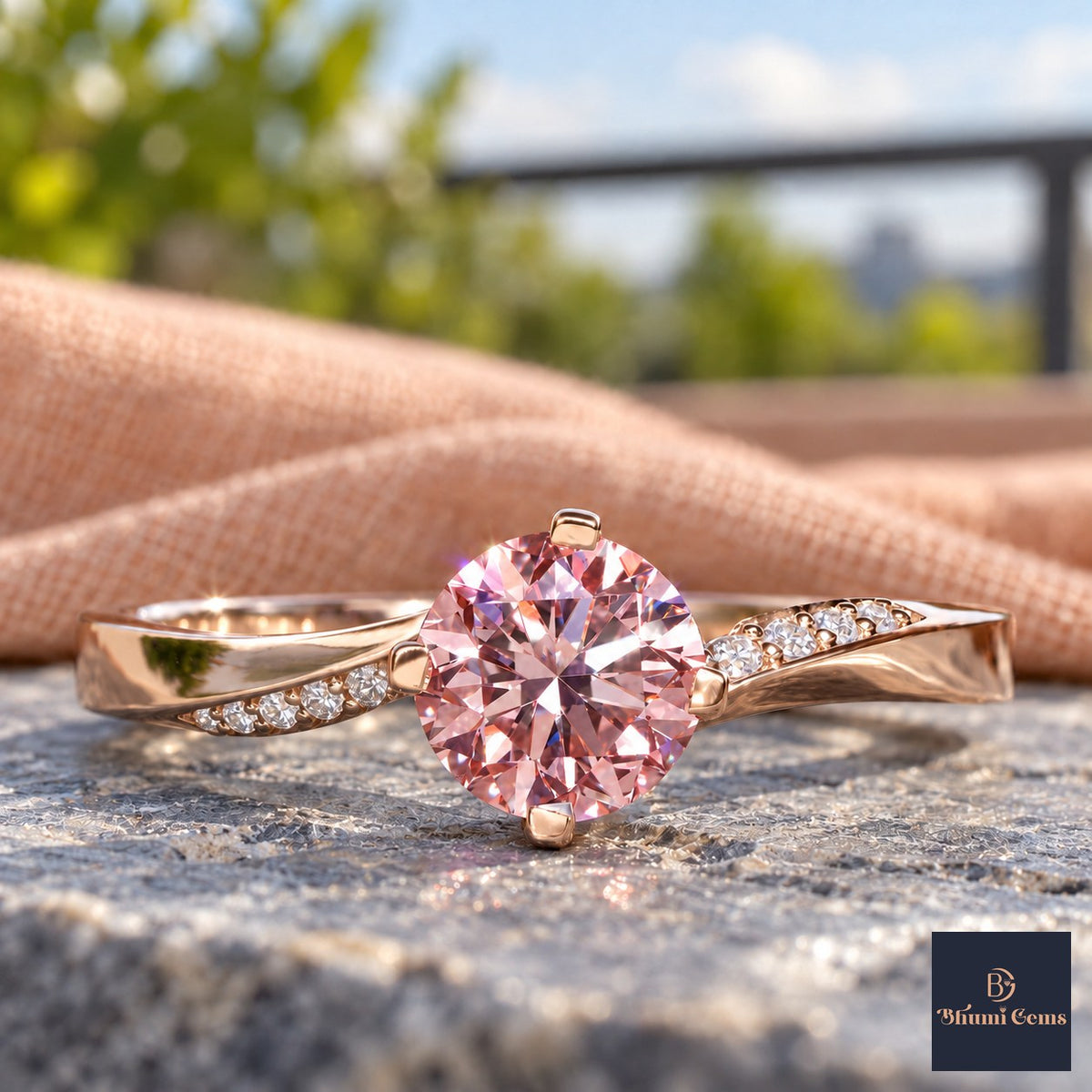 Pink Oval Cut Lab Grown Diamond Engagement Ring - Pave Twist Bypass in rose gold, close-up