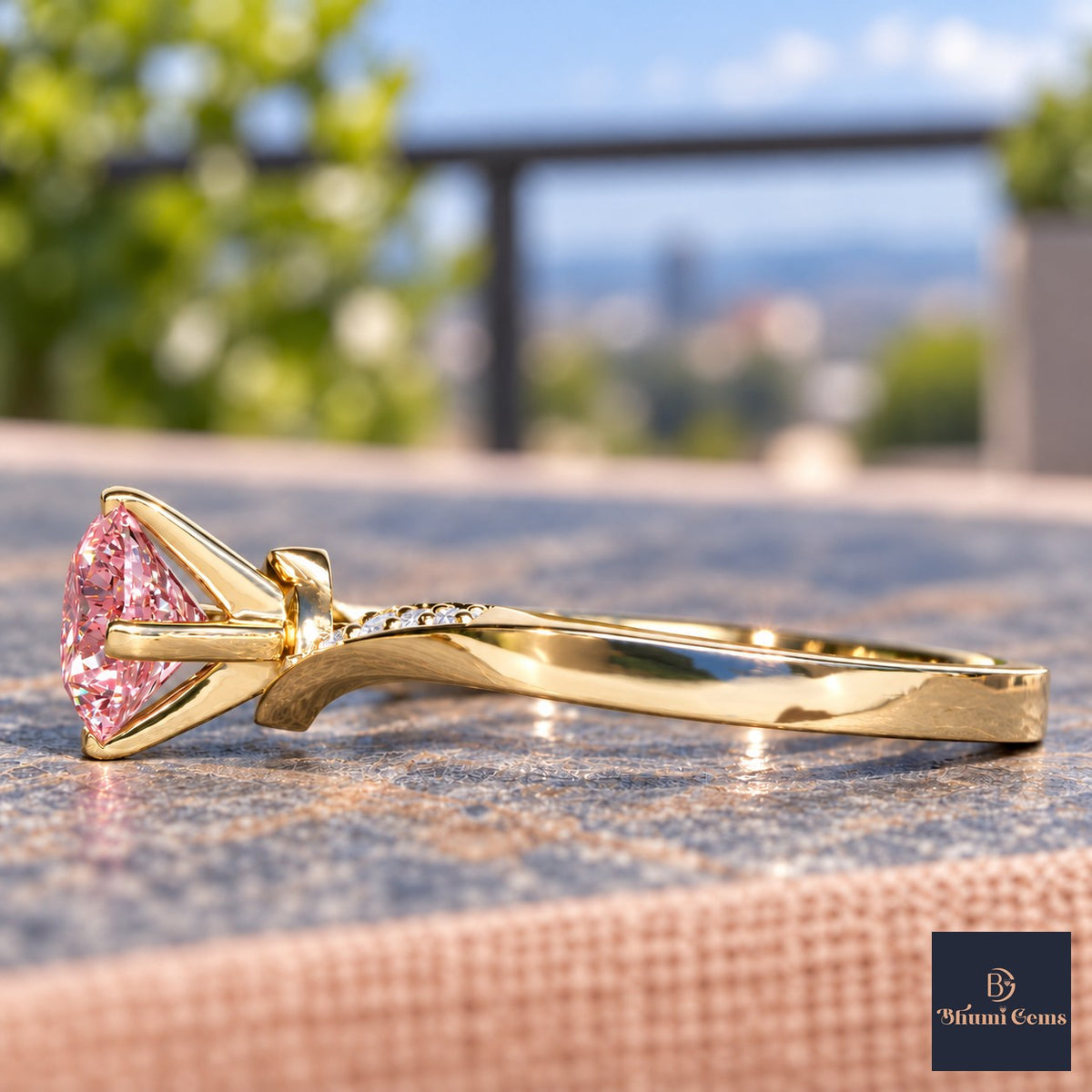 Pink Oval Cut Lab Grown Diamond Engagement Ring - Pave Twist Bypass in yellow gold, side view
