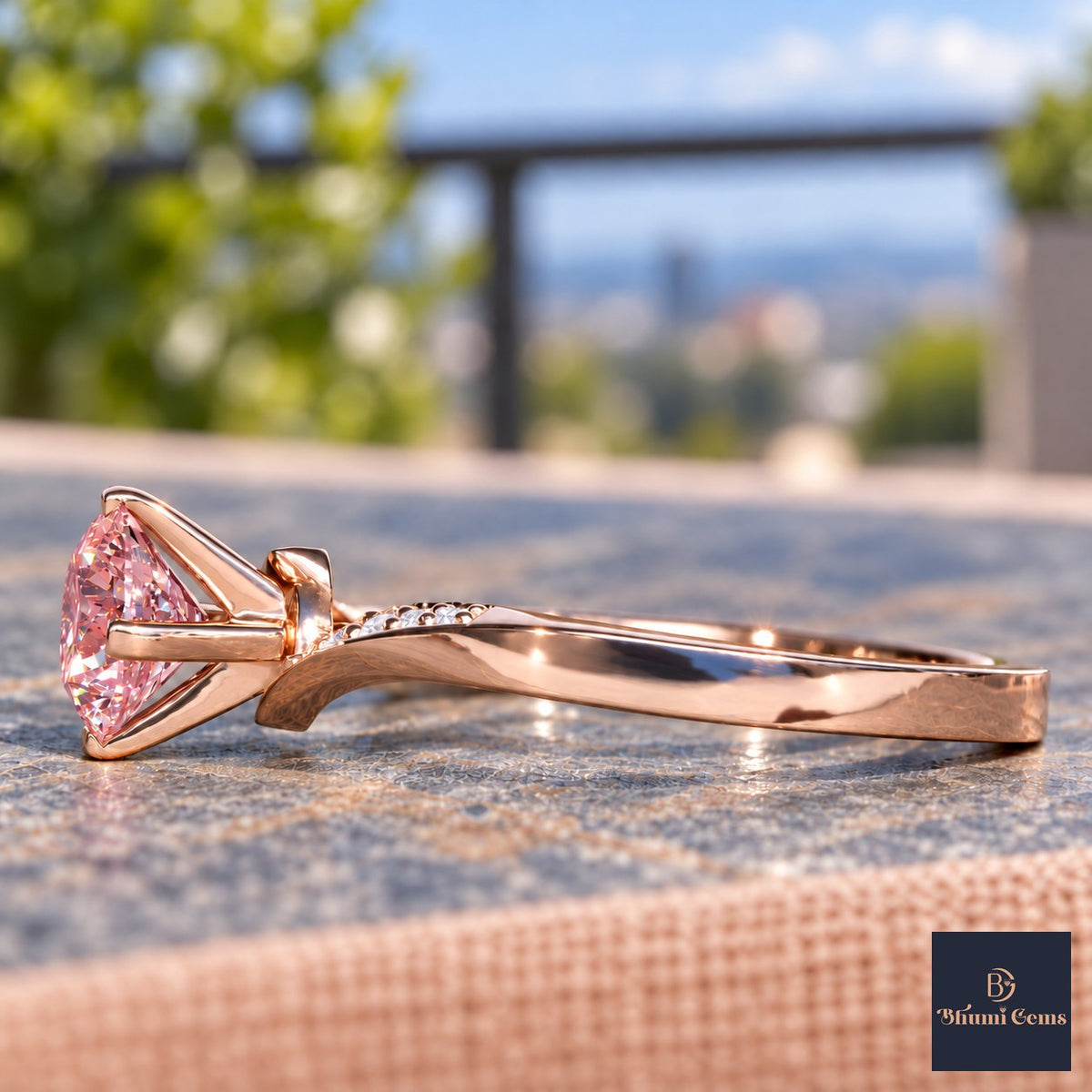Pink Oval Cut Lab Grown Diamond Engagement Ring - Pave Twist Bypass in rose gold, side view