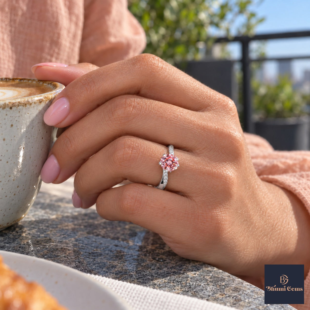 Pink Oval Cut Lab Grown Diamond Engagement Ring - Pave Twist Bypass in white gold, on the hand