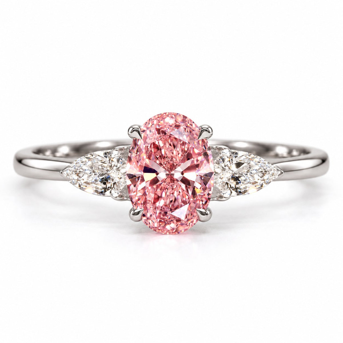 Pink Oval Cut Lab Grown Diamond Engagement Ring - Pear Side Stones in white gold, front view