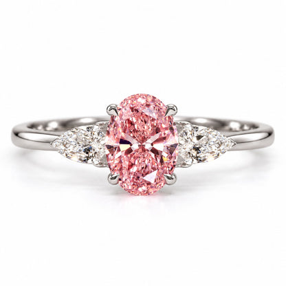 Pink Oval Cut Lab Grown Diamond Engagement Ring - Pear Side Stones in white gold, front view