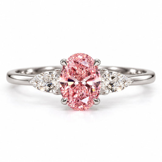 Pink Oval Cut Lab Grown Diamond Engagement Ring - Pear Side Stones in white gold, front view
