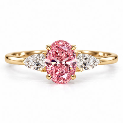 Pink Oval Cut Lab Grown Diamond Engagement Ring - Pear Side Stones in yellow gold, front view