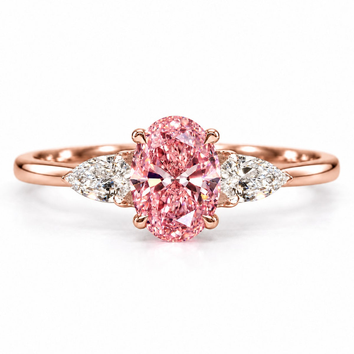 Pink Oval Cut Lab Grown Diamond Engagement Ring - Pear Side Stones in rose gold, front view