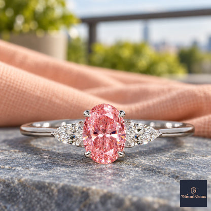 Pink Oval Cut Lab Grown Diamond Engagement Ring - Pear Side Stones in white gold, close-up