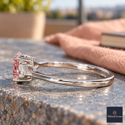 Pink Oval Cut Lab Grown Diamond Engagement Ring - Pear Side Stones in white gold, side view