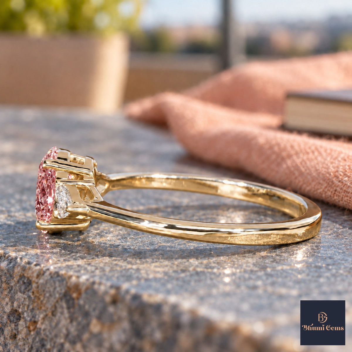 Pink Oval Cut Lab Grown Diamond Engagement Ring - Pear Side Stones in yellow gold, side view