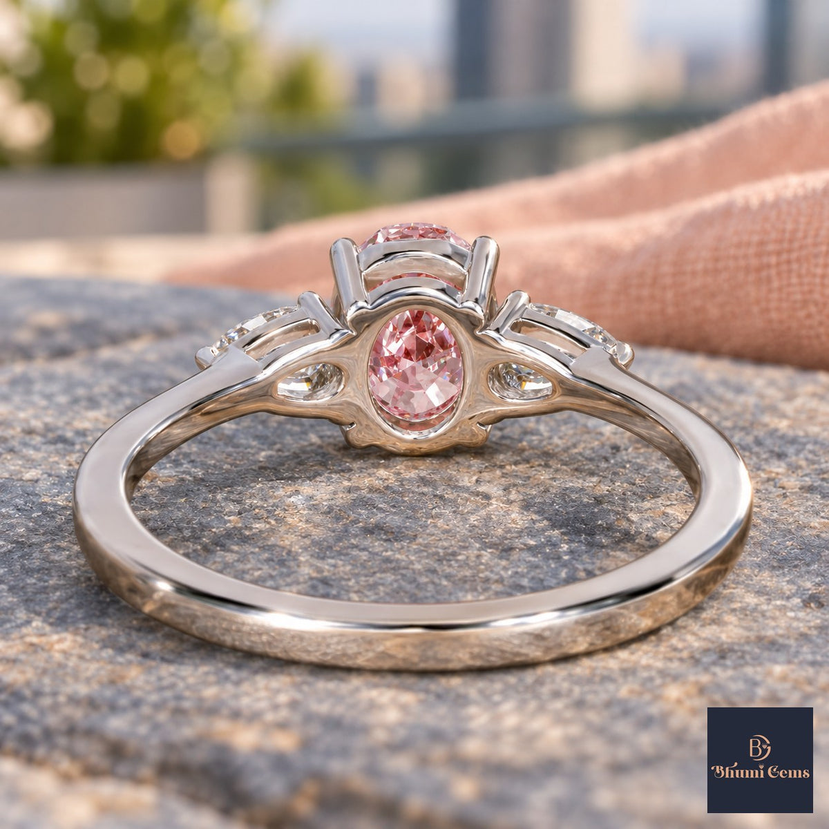 Pink Oval Cut Lab Grown Diamond Engagement Ring - Pear Side Stones in white gold, gallery view