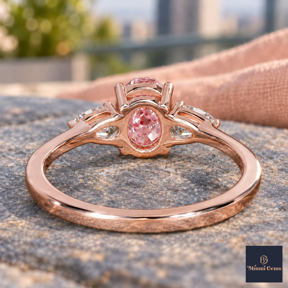 Pink Oval Cut Lab Grown Diamond Engagement Ring - Pear Side Stones in rose gold, gallery view
