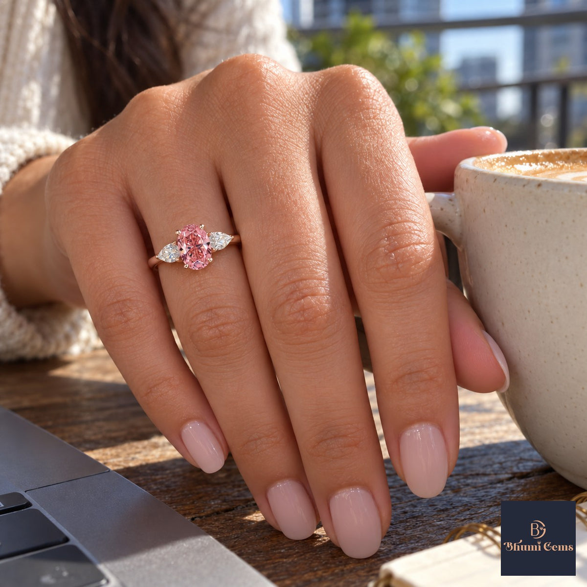 Pink Oval Cut Lab Grown Diamond Engagement Ring - Pear Side Stones in rose gold, on the hand