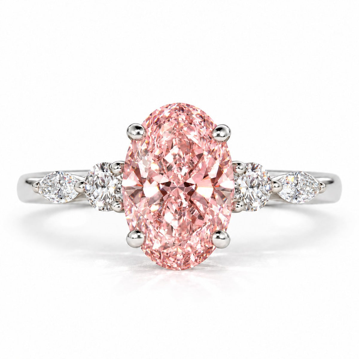 Pink Oval Cut Lab Grown Diamond Engagement Ring - Round and Marquise Accents in white gold, front view