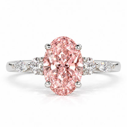 Pink Oval Cut Lab Grown Diamond Engagement Ring - Round and Marquise Accents in white gold, front view