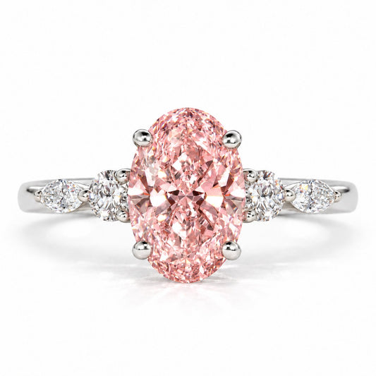 Pink Oval Cut Lab Grown Diamond Engagement Ring - Round and Marquise Accents in white gold, front view