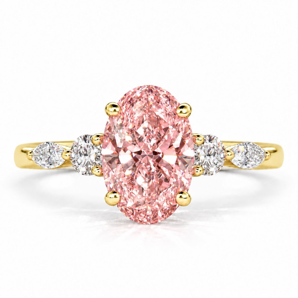Pink Oval Cut Lab Grown Diamond Engagement Ring - Round and Marquise Accents in yellow gold, front view