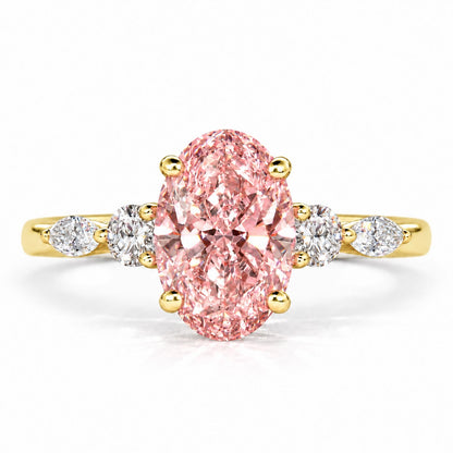 Pink Oval Cut Lab Grown Diamond Engagement Ring - Round and Marquise Accents in yellow gold, front view