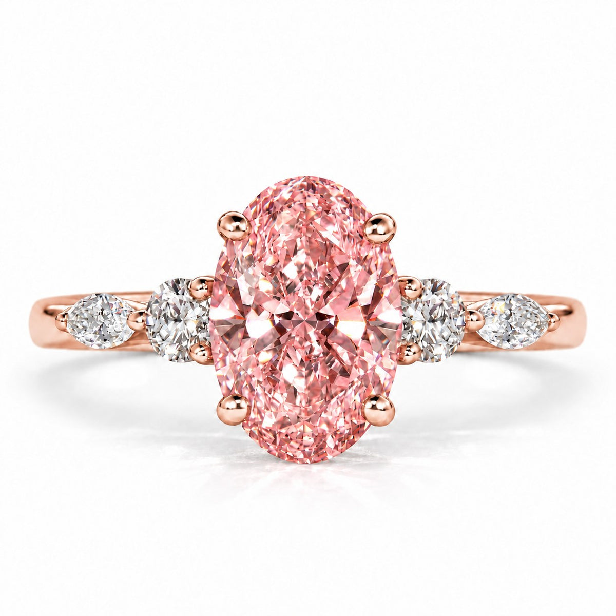 Pink Oval Cut Lab Grown Diamond Engagement Ring - Round and Marquise Accents in rose gold, front view