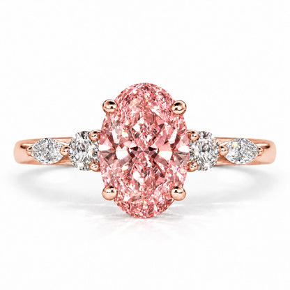 Pink Oval Cut Lab Grown Diamond Engagement Ring - Round and Marquise Accents in rose gold, front view