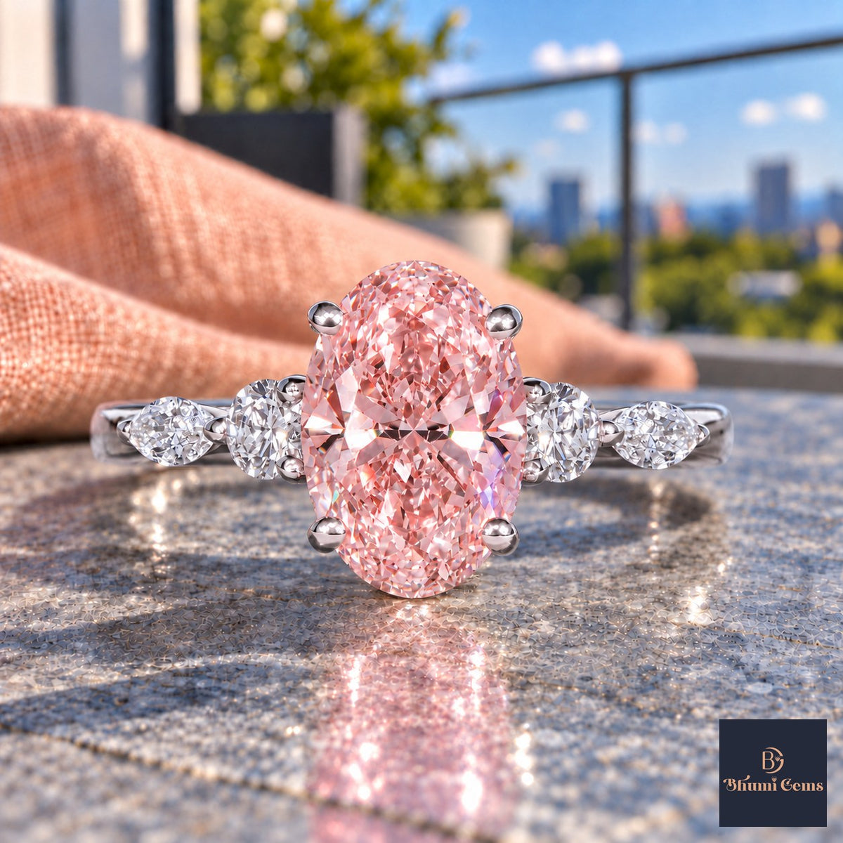 Pink Oval Cut Lab Grown Diamond Engagement Ring - Round and Marquise Accents in white gold, close-up