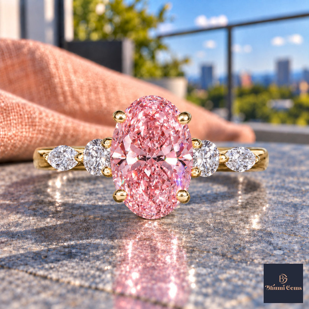 Pink Oval Cut Lab Grown Diamond Engagement Ring - Round and Marquise Accents in yellow gold, close-up