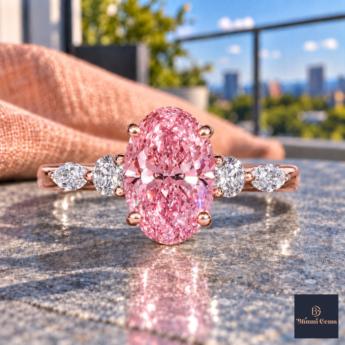 Pink Oval Cut Lab Grown Diamond Engagement Ring - Round and Marquise Accents in rose gold, close-up