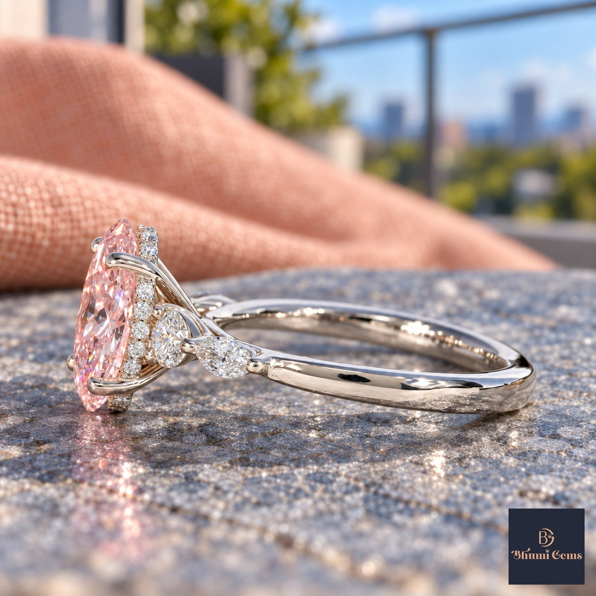 Pink Oval Cut Lab Grown Diamond Engagement Ring - Round and Marquise Accents in white gold, side view