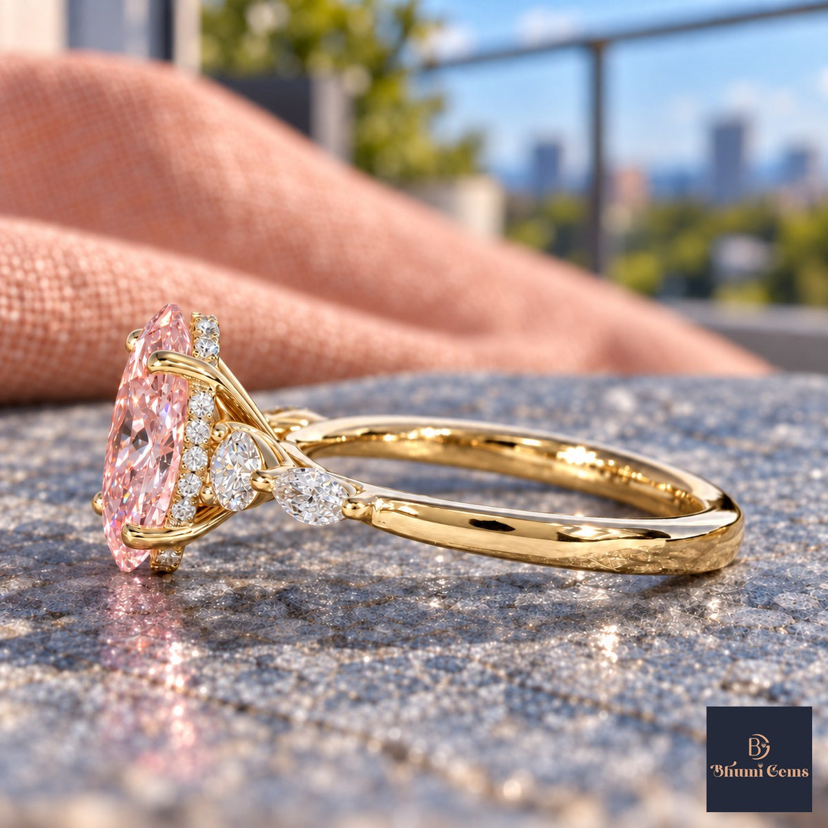Pink Oval Cut Lab Grown Diamond Engagement Ring - Round and Marquise Accents in yellow gold, side view