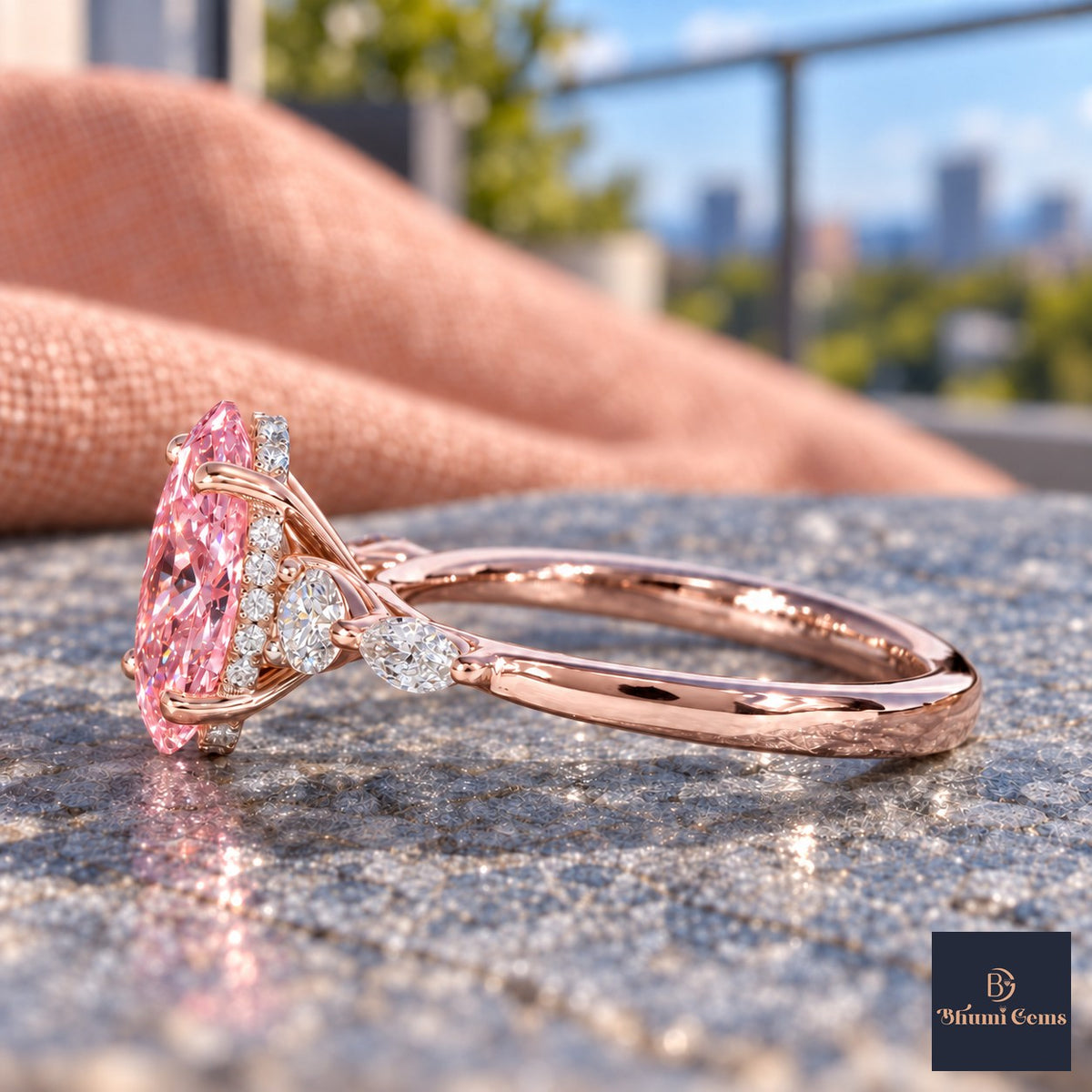 Pink Oval Cut Lab Grown Diamond Engagement Ring - Round and Marquise Accents in rose gold, side view