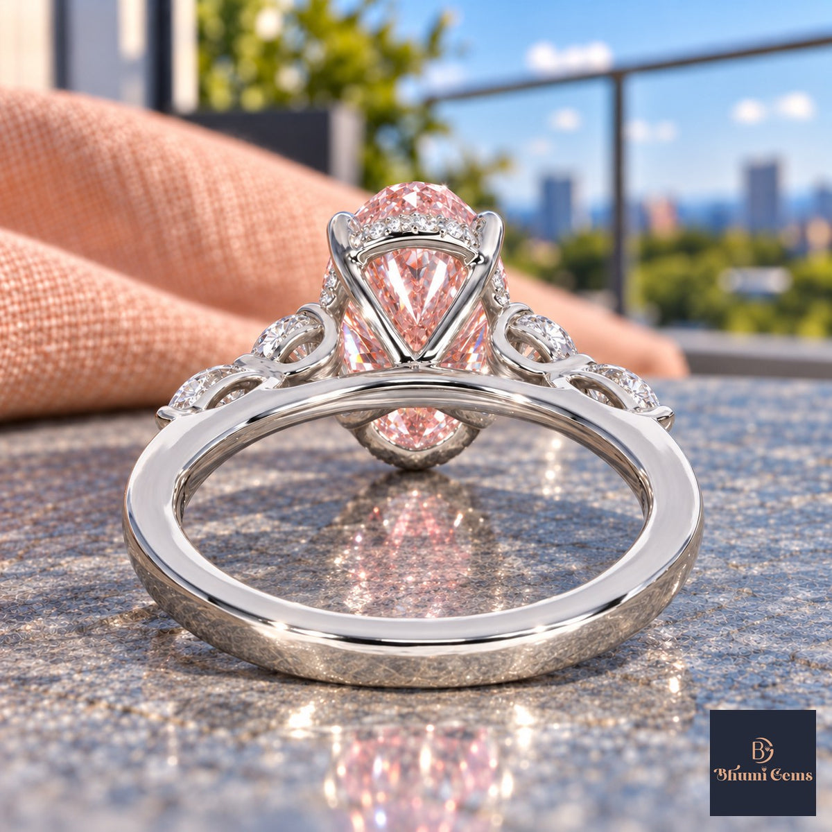 Pink Oval Cut Lab Grown Diamond Engagement Ring - Round and Marquise Accents in white gold, gallery view
