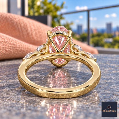 Pink Oval Cut Lab Grown Diamond Engagement Ring - Round and Marquise Accents in yellow gold, gallery view
