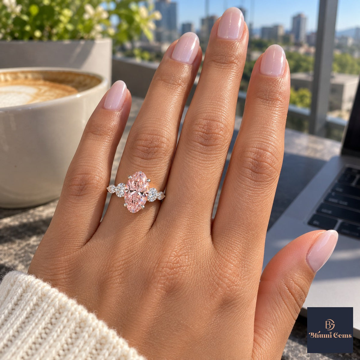 Pink Oval Cut Lab Grown Diamond Engagement Ring - Round and Marquise Accents in white gold, on the hand